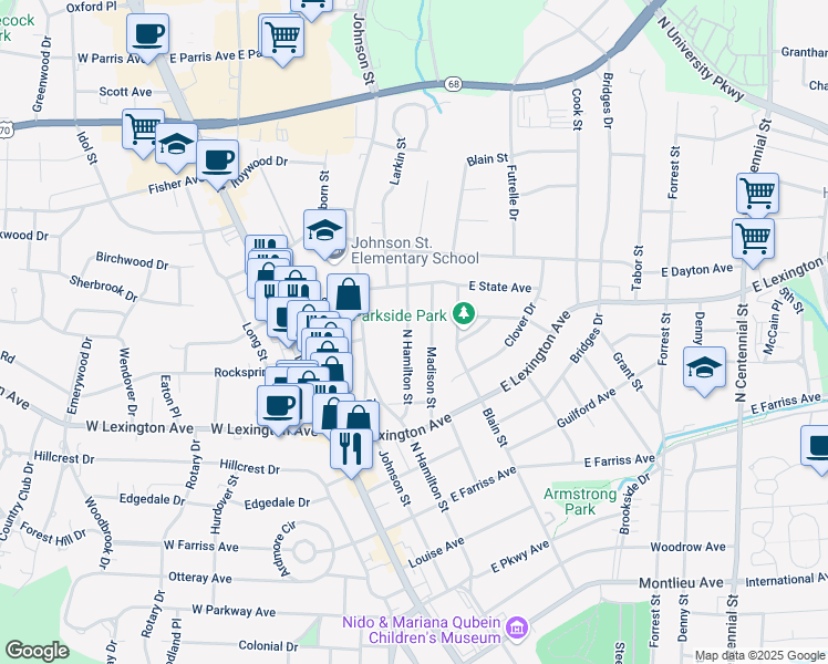 map of restaurants, bars, coffee shops, grocery stores, and more near 1434 North Hamilton Street in High Point