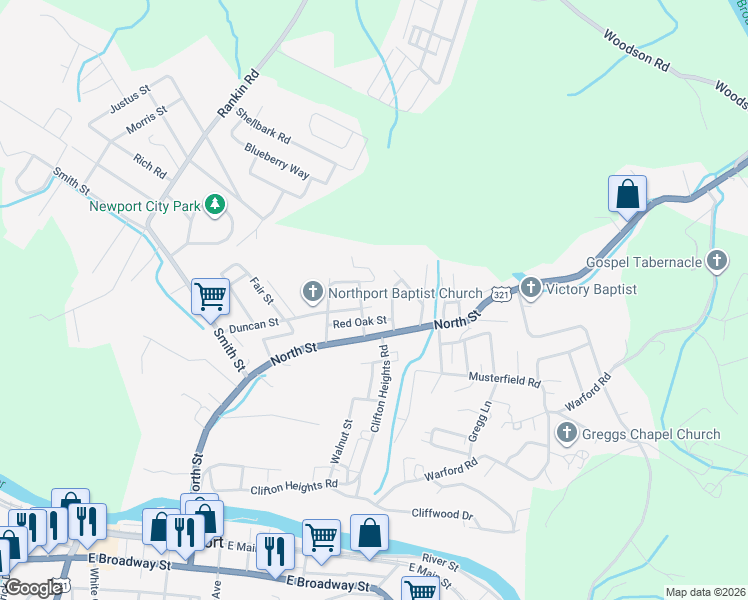 map of restaurants, bars, coffee shops, grocery stores, and more near 554 Duncan Street in Newport
