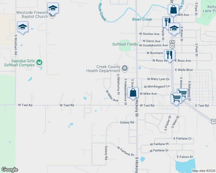map of restaurants, bars, coffee shops, grocery stores, and more near 1922 South Muskogee Street in Sapulpa