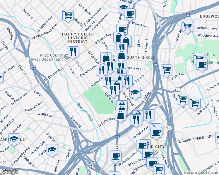 map of restaurants, bars, coffee shops, grocery stores, and more near 127 Jennings Avenue in Knoxville