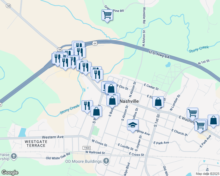 map of restaurants, bars, coffee shops, grocery stores, and more near North Drake Street in Nashville