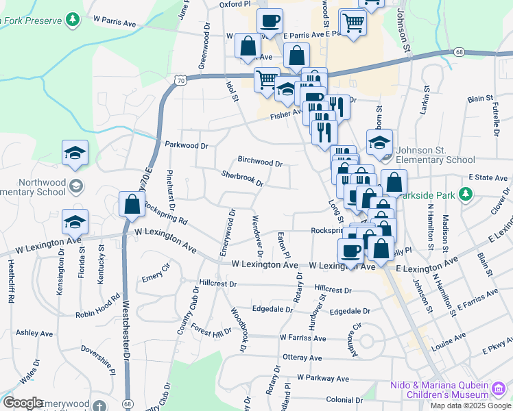 map of restaurants, bars, coffee shops, grocery stores, and more near 1500 Wendover Drive in High Point