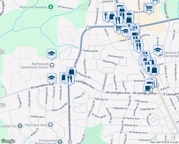 map of restaurants, bars, coffee shops, grocery stores, and more near 705 Overbrook Drive in High Point