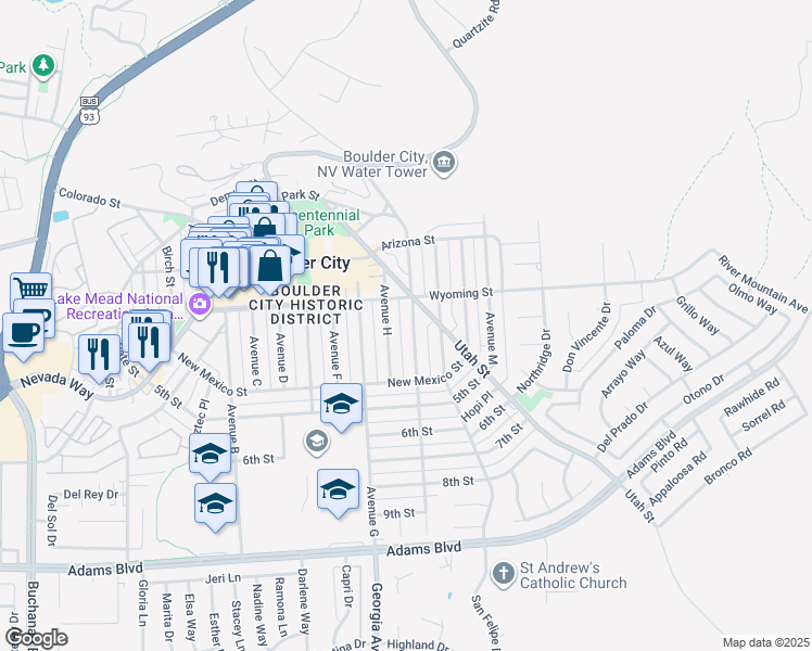 map of restaurants, bars, coffee shops, grocery stores, and more near in Boulder City