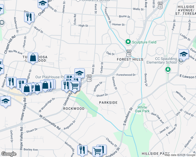 map of restaurants, bars, coffee shops, grocery stores, and more near 2208 Whitley Drive in Durham