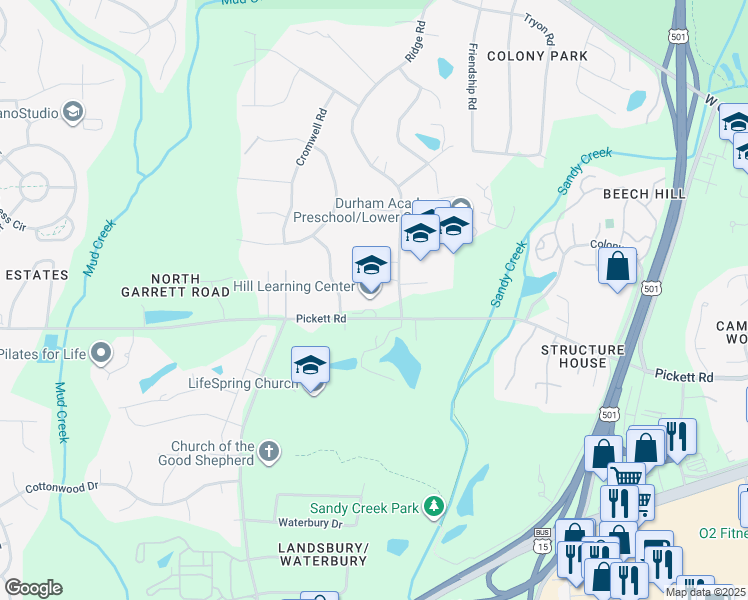 map of restaurants, bars, coffee shops, grocery stores, and more near 3200 Pickett Road in Durham