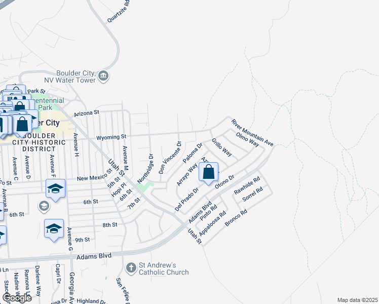 map of restaurants, bars, coffee shops, grocery stores, and more near 632 Paloma Drive in Boulder City