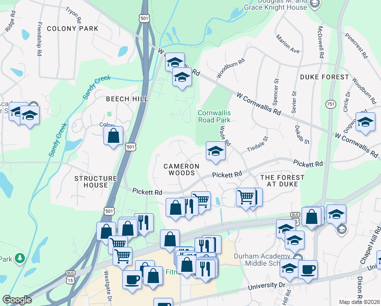 map of restaurants, bars, coffee shops, grocery stores, and more near 2713 Ashland Drive in Durham