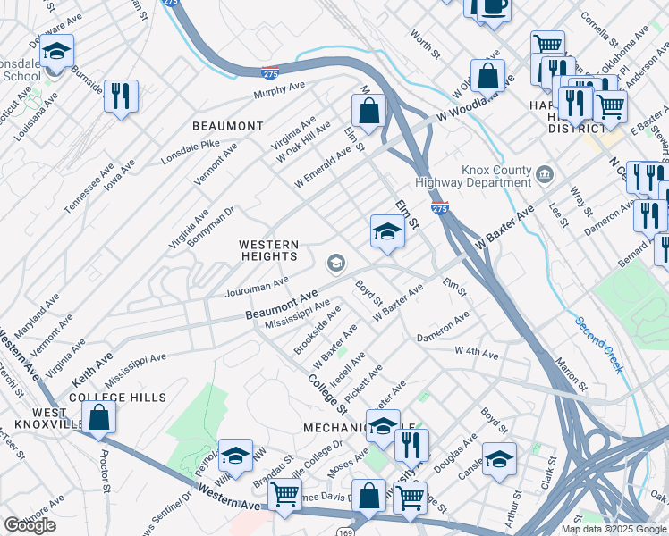 map of restaurants, bars, coffee shops, grocery stores, and more near 1211 Beaumont Avenue in Knoxville
