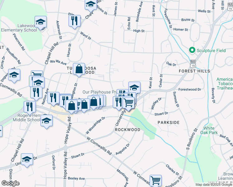 map of restaurants, bars, coffee shops, grocery stores, and more near 1915 James Street in Durham