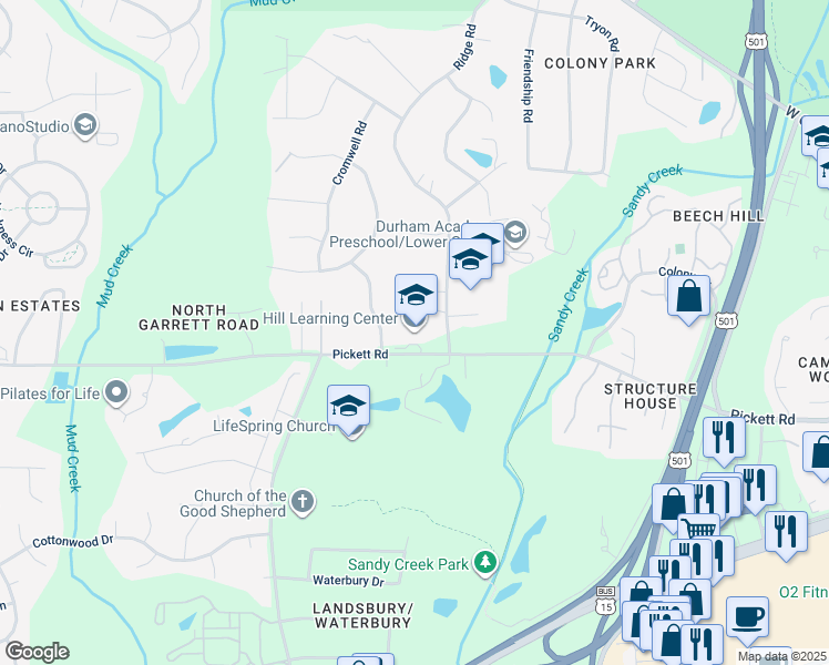 map of restaurants, bars, coffee shops, grocery stores, and more near 3200 Pickett Road in Durham