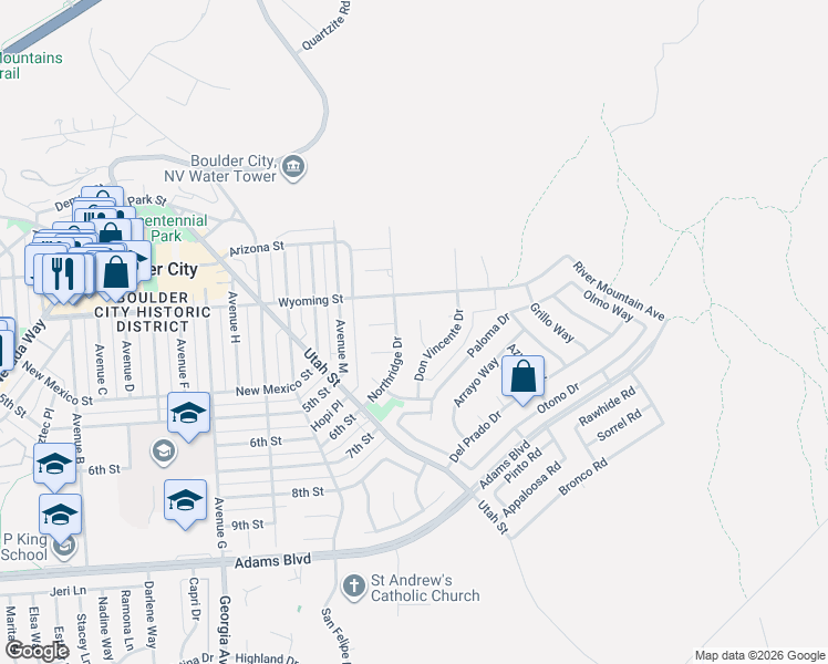 map of restaurants, bars, coffee shops, grocery stores, and more near 624 Don Vincente Drive in Boulder City