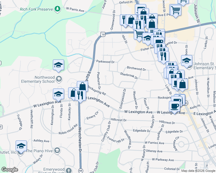 map of restaurants, bars, coffee shops, grocery stores, and more near 705 Overbrook Drive in High Point