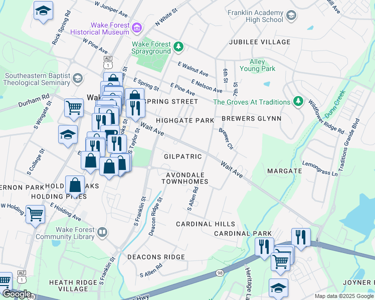 map of restaurants, bars, coffee shops, grocery stores, and more near 624 Wait Avenue in Wake Forest