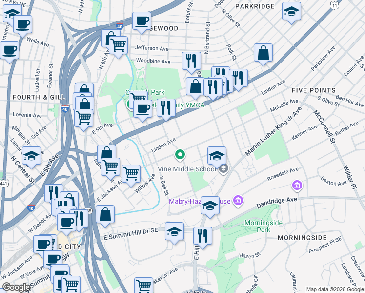 map of restaurants, bars, coffee shops, grocery stores, and more near 1601 McCalla Avenue in Knoxville