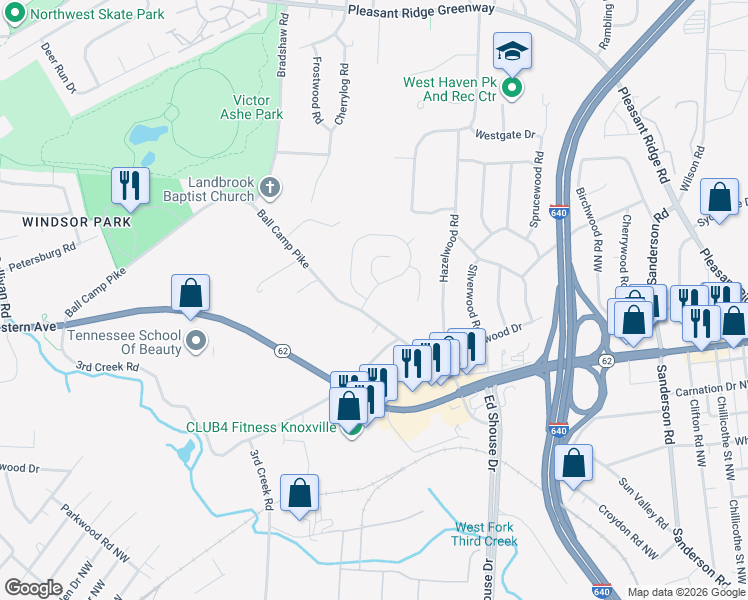 map of restaurants, bars, coffee shops, grocery stores, and more near 3106 Kingsmore Drive in Knoxville