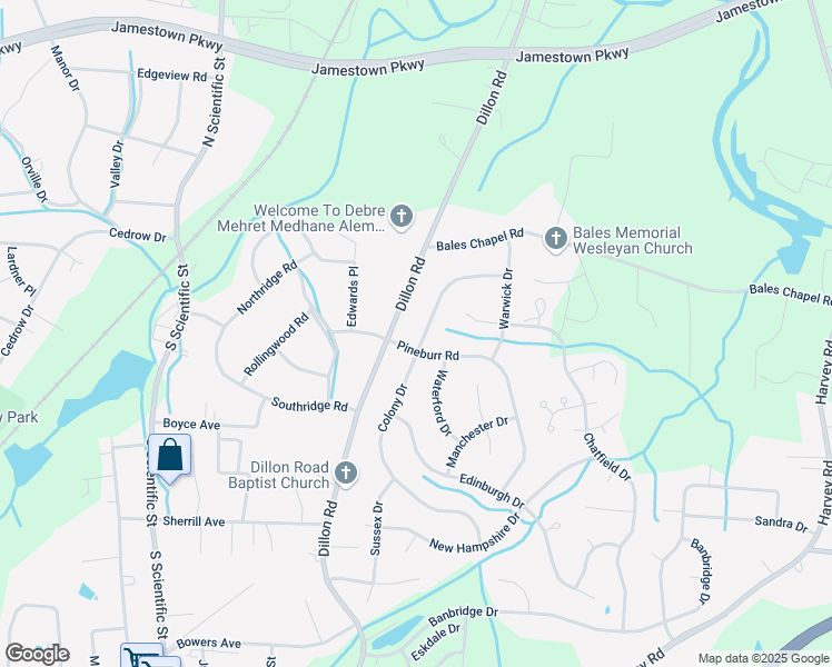 map of restaurants, bars, coffee shops, grocery stores, and more near 3301 Colony Drive in Jamestown