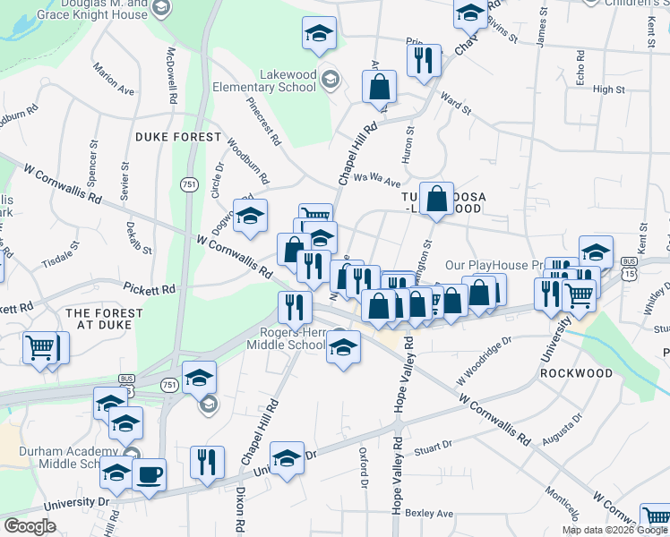 map of restaurants, bars, coffee shops, grocery stores, and more near 2713 Chapel Hill Road in Durham