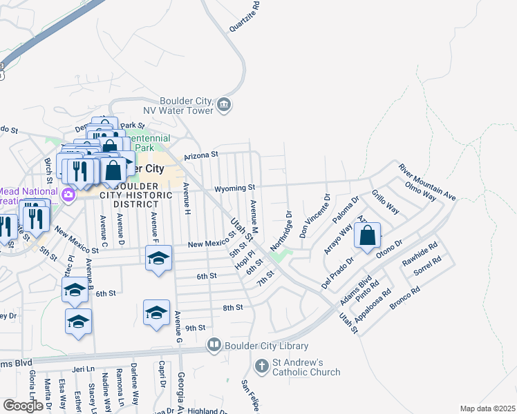 map of restaurants, bars, coffee shops, grocery stores, and more near 637 Avenue M in Boulder City