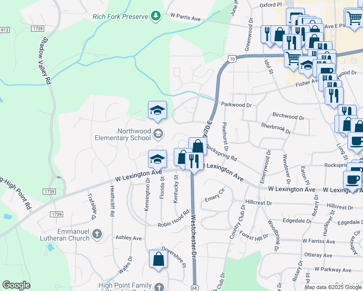 map of restaurants, bars, coffee shops, grocery stores, and more near 718 Westchester Drive in High Point