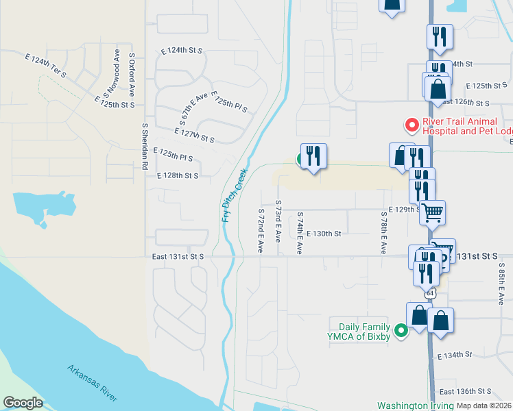 map of restaurants, bars, coffee shops, grocery stores, and more near 12836 South 72nd East Avenue in Bixby