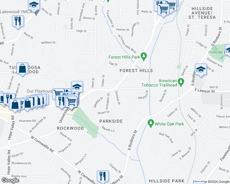 map of restaurants, bars, coffee shops, grocery stores, and more near 2104 Summit Street in Durham