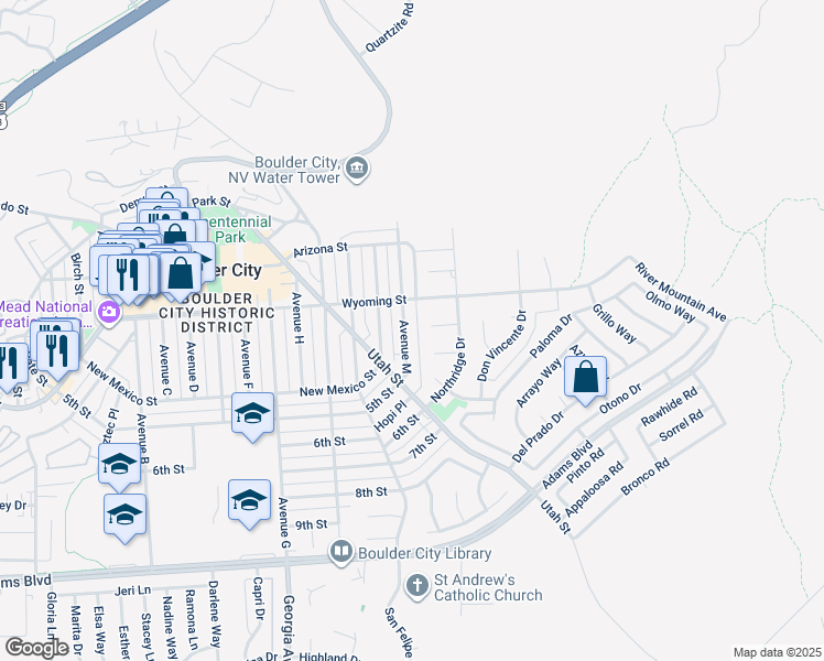 map of restaurants, bars, coffee shops, grocery stores, and more near 637 Avenue M in Boulder City