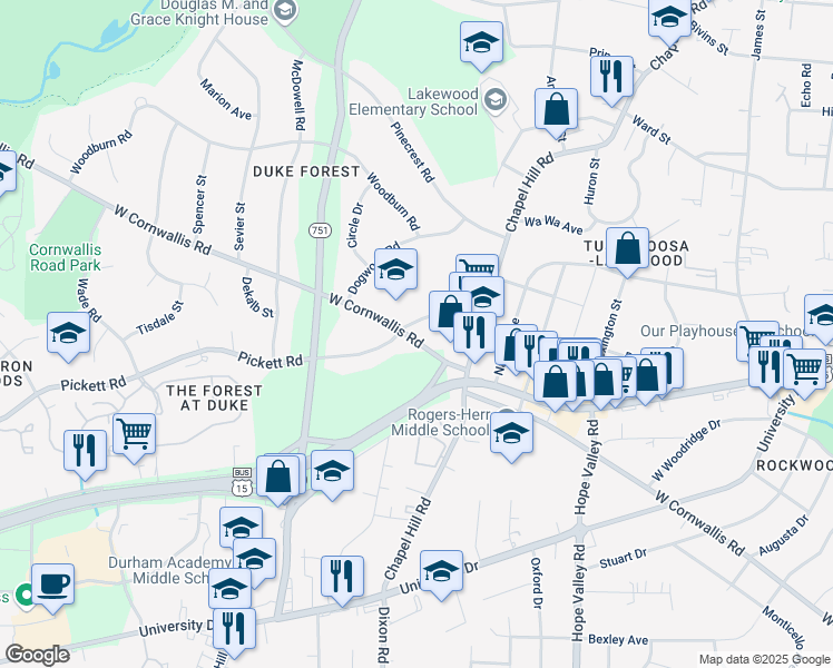 map of restaurants, bars, coffee shops, grocery stores, and more near 2501 Pickett Road in Durham