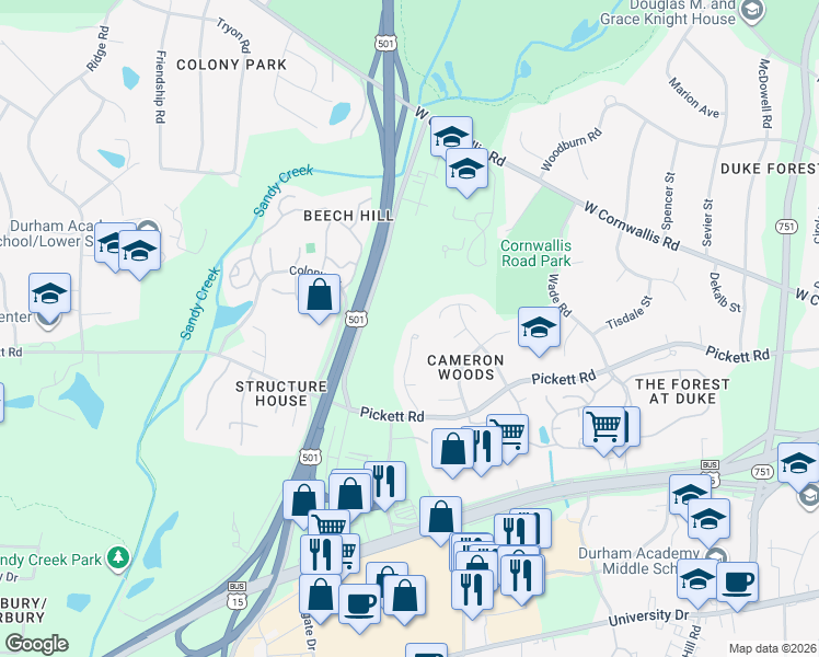 map of restaurants, bars, coffee shops, grocery stores, and more near 2822 Pickett Road in Durham