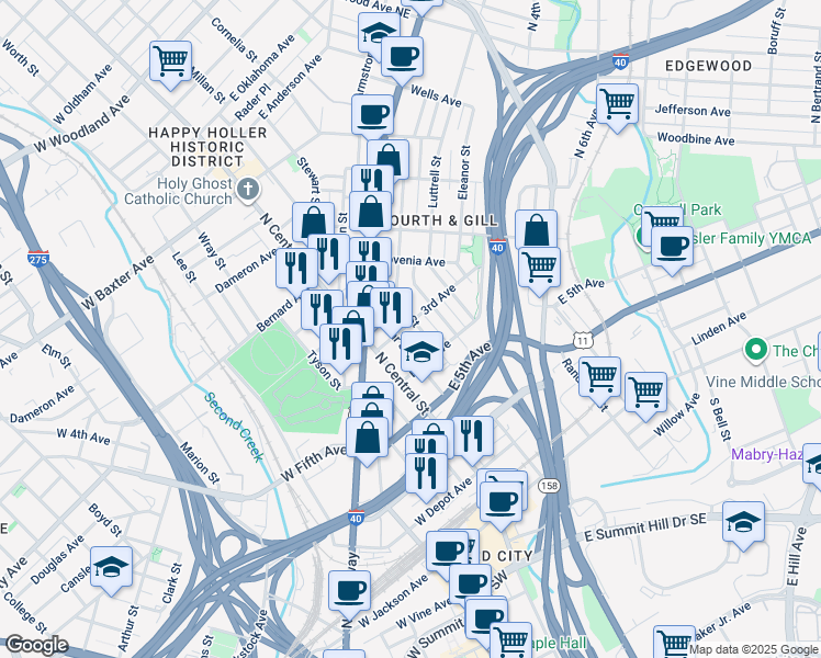 map of restaurants, bars, coffee shops, grocery stores, and more near 624 Lamar Street in Knoxville