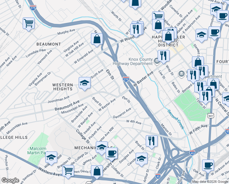 map of restaurants, bars, coffee shops, grocery stores, and more near 815 West Baxter Avenue in Knoxville