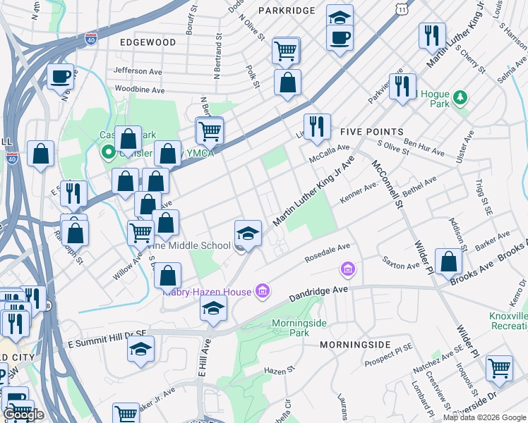 map of restaurants, bars, coffee shops, grocery stores, and more near 1935 Martin Luther King Junior Avenue in Knoxville