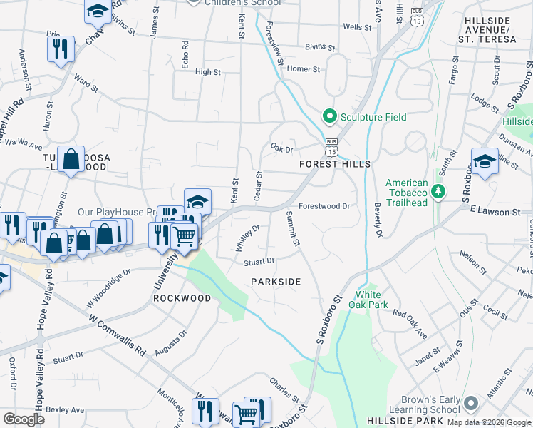 map of restaurants, bars, coffee shops, grocery stores, and more near 2201 University Drive in Durham