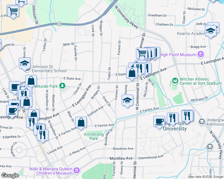 map of restaurants, bars, coffee shops, grocery stores, and more near 816 Magnolia Court in High Point