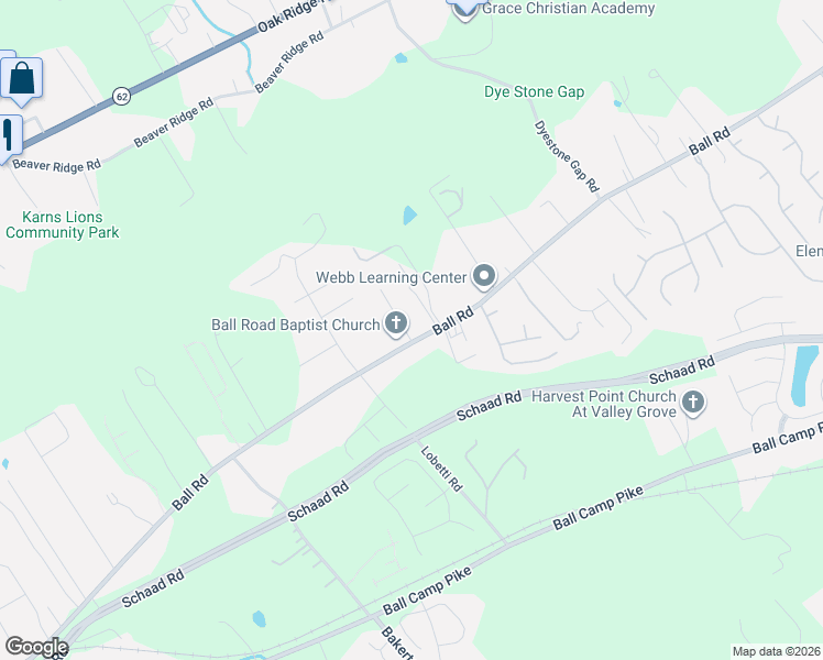 map of restaurants, bars, coffee shops, grocery stores, and more near 6323 Ball Road in Knoxville