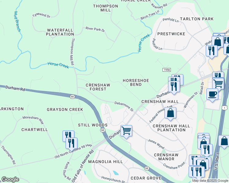 map of restaurants, bars, coffee shops, grocery stores, and more near 115 Fawn Drive in Wake Forest