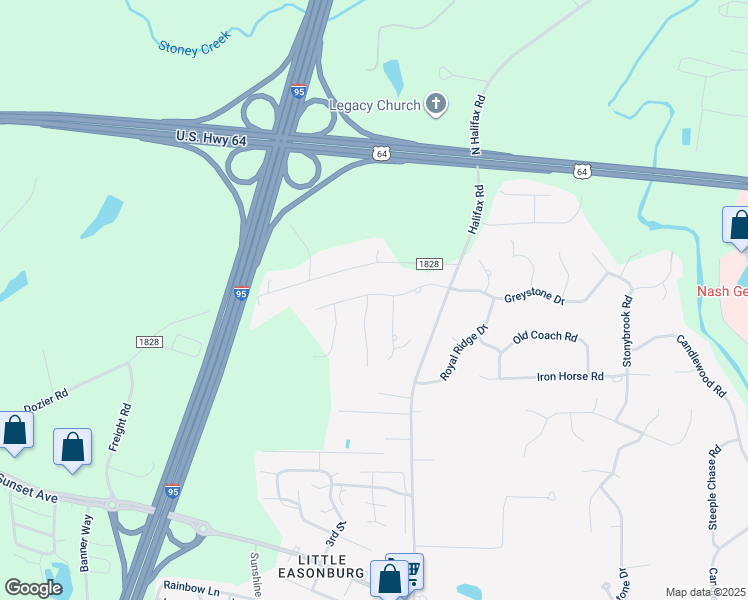 map of restaurants, bars, coffee shops, grocery stores, and more near 465 Stillwater Drive in Rocky Mount