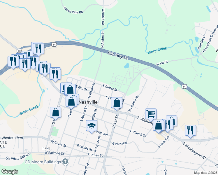 map of restaurants, bars, coffee shops, grocery stores, and more near East Cedar Street in Nashville