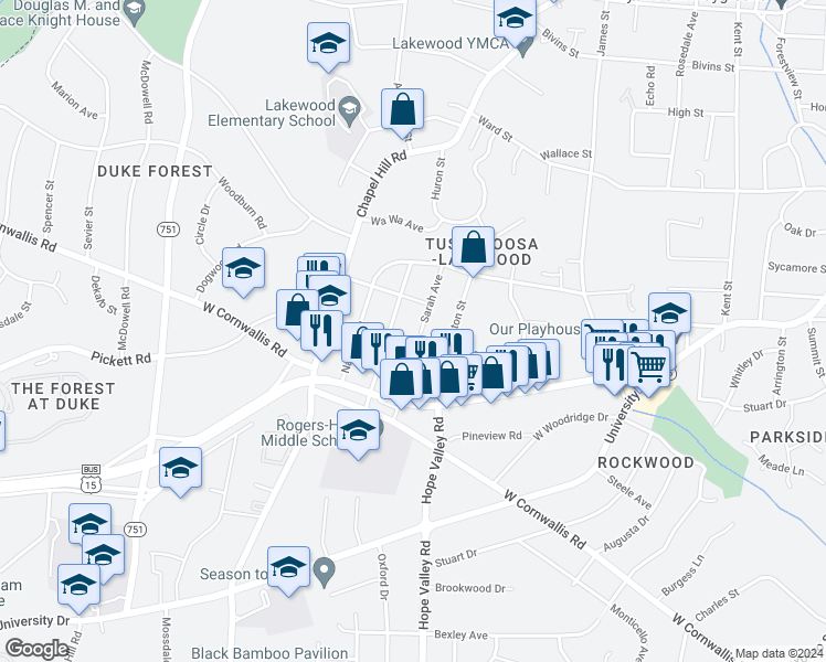 map of restaurants, bars, coffee shops, grocery stores, and more near 2714 Sarah Avenue in Durham