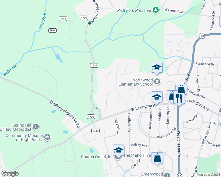 map of restaurants, bars, coffee shops, grocery stores, and more near 1300 Georgetown Court in High Point