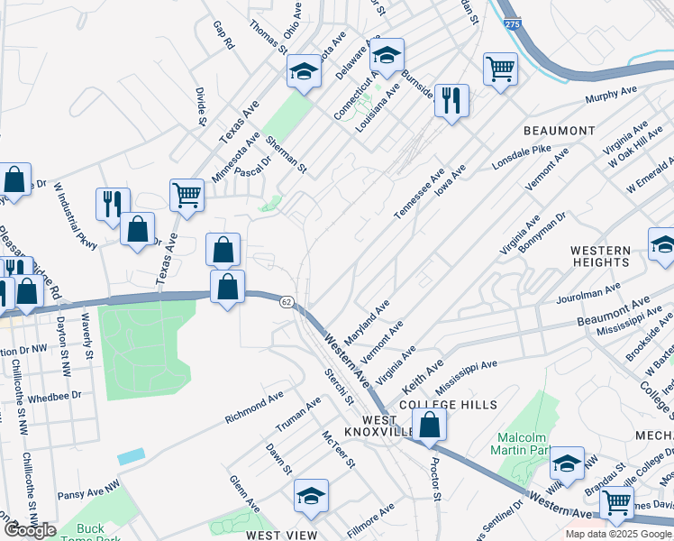 map of restaurants, bars, coffee shops, grocery stores, and more near 1943 Tennessee Avenue in Knoxville