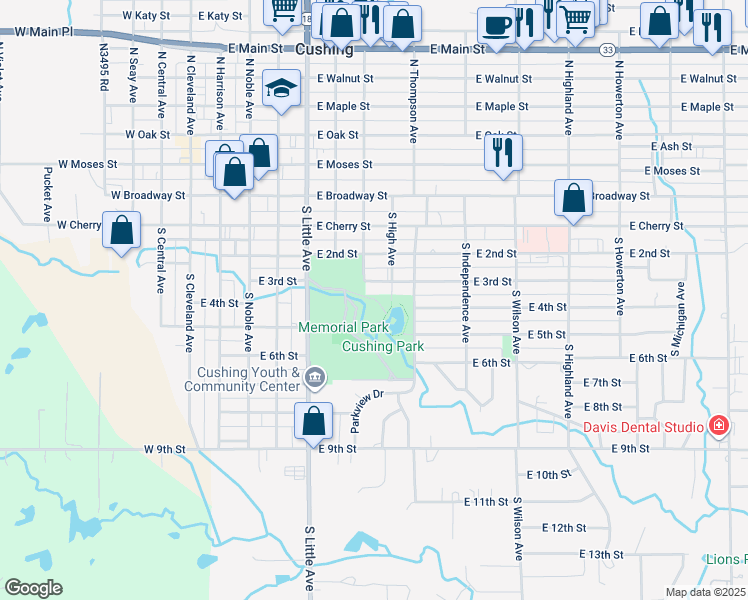 map of restaurants, bars, coffee shops, grocery stores, and more near in Cushing