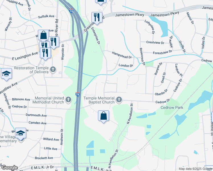 map of restaurants, bars, coffee shops, grocery stores, and more near 1006 Enterprise Drive in High Point