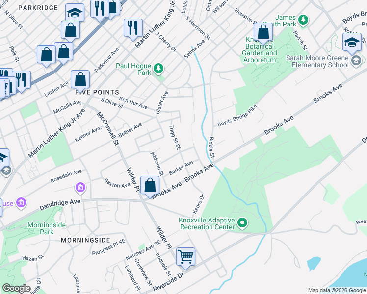 map of restaurants, bars, coffee shops, grocery stores, and more near 1200 Trigg Street Southeast in Knoxville
