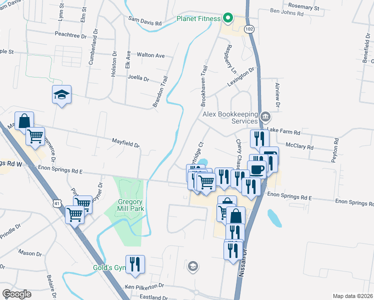 map of restaurants, bars, coffee shops, grocery stores, and more near 109 Partridge Court in Smyrna