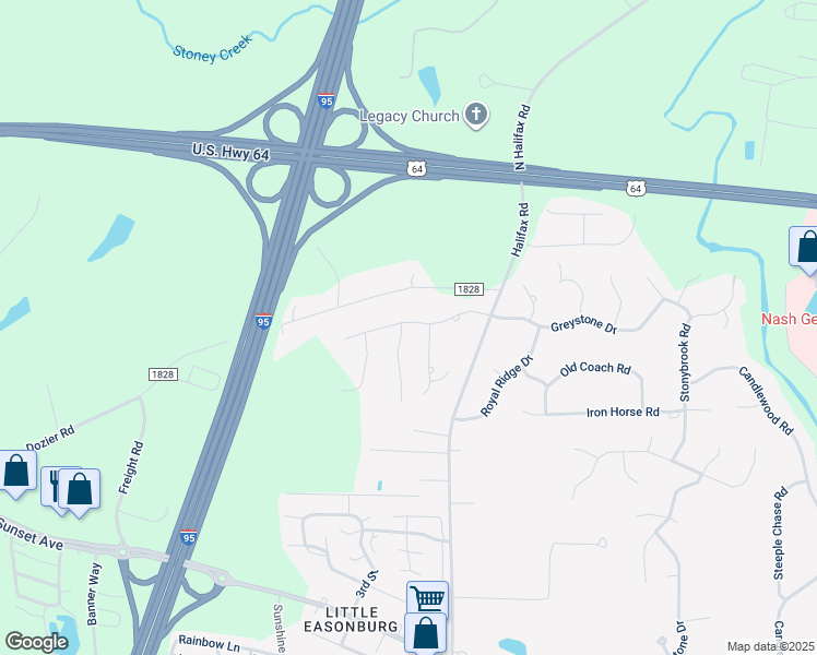 map of restaurants, bars, coffee shops, grocery stores, and more near 465 Stillwater Drive in Rocky Mount