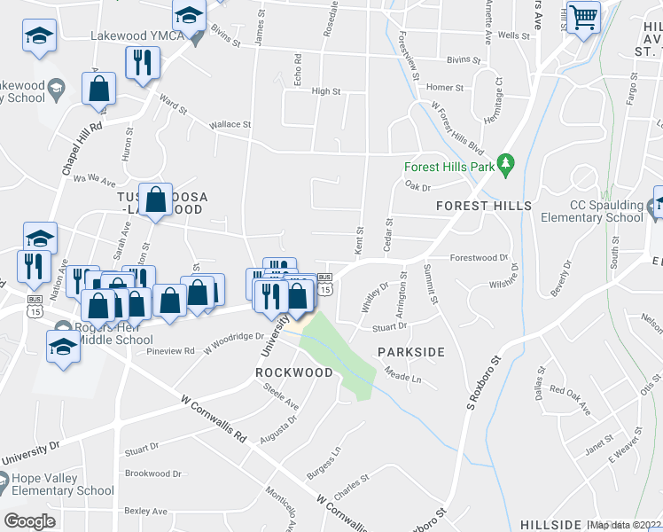map of restaurants, bars, coffee shops, grocery stores, and more near 2400 University Drive in Durham