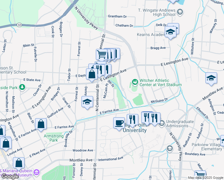 map of restaurants, bars, coffee shops, grocery stores, and more near 1211 5th Street in High Point