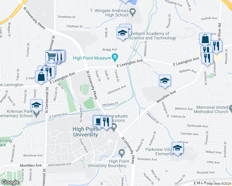 map of restaurants, bars, coffee shops, grocery stores, and more near 1112 Delk Drive in High Point