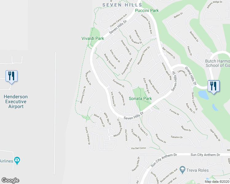 map of restaurants, bars, coffee shops, grocery stores, and more near 1393 Via Merano Street in Henderson